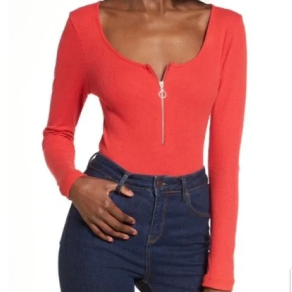 Topshop Red Zipper Long Sleeve Bodysuit